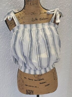 White & Blue Striped Cotton Tie-Shoulder Crop Top